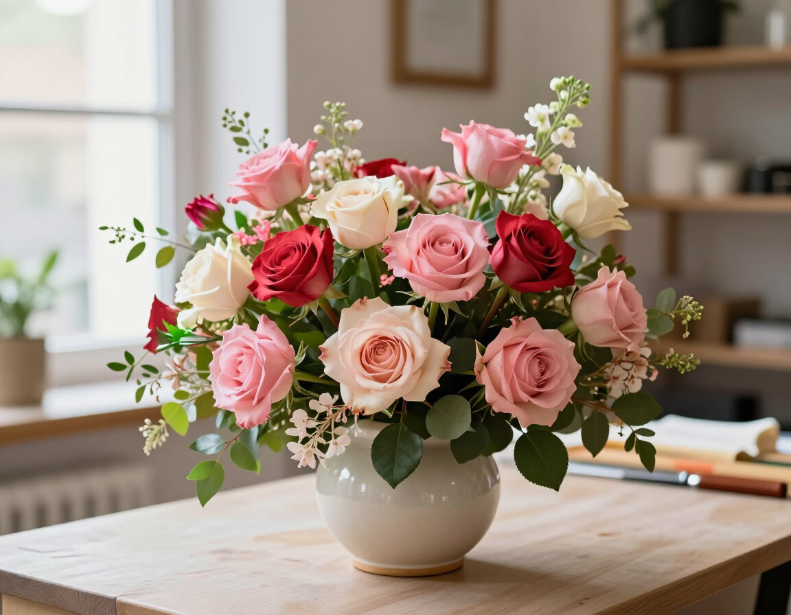 Rosas rosas y blancas en un jarrón sobre una mesa de madera junto a una ventana