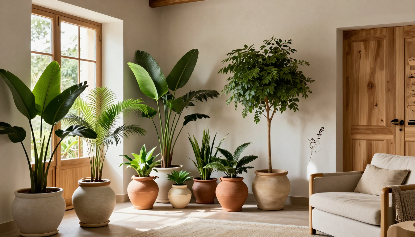 Salón luminoso con muchas plantas de interior en macetas, un sofá beige, puertas de madera y una ventana grande