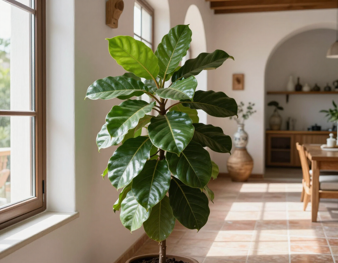 Gran planta verde en maceta junto a una ventana soleada en el luminoso interior de una casa