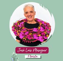 Logotipo para José Luis Meseguer Florista con flores estilizadas y hojas verdes en tonos rosa, rojo y dorado