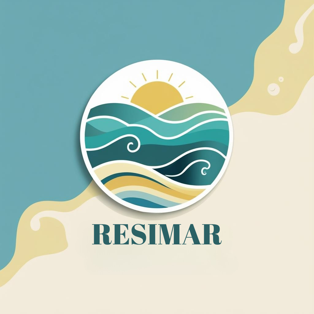 Logotipo de RESIMAR, un centro de atención para personas mayores. Presenta ondas azules, un sol amarillo y texto azul oscuro.