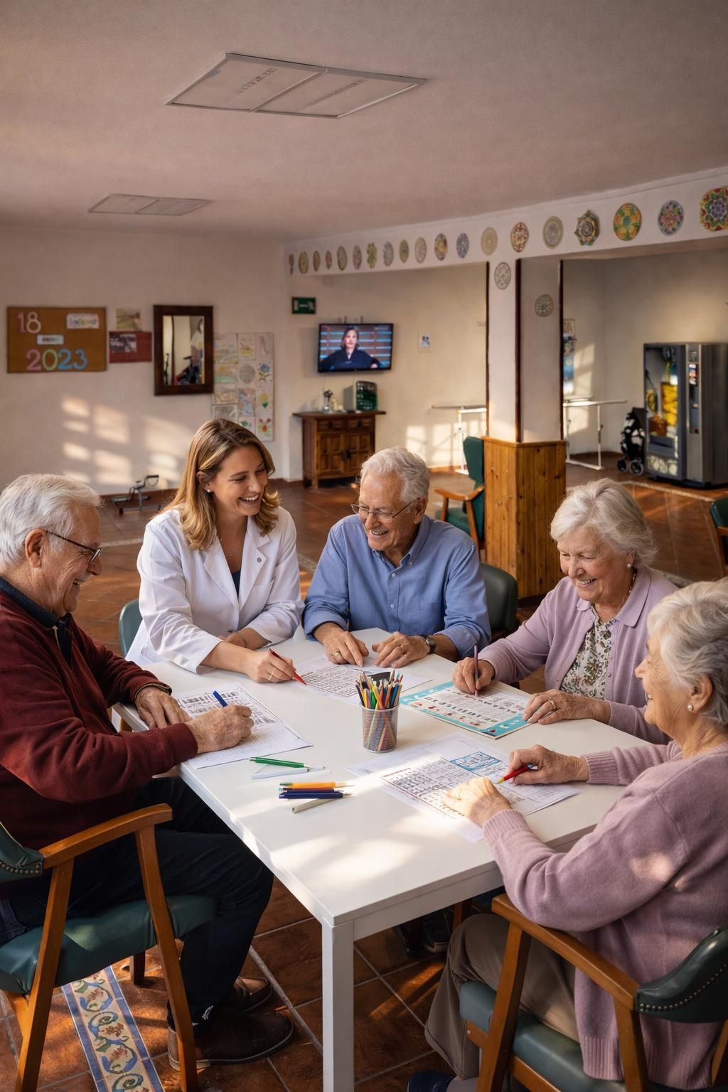 Pareja de ancianos riendo, comiendo en una mesa, con un cuidador al fondo.