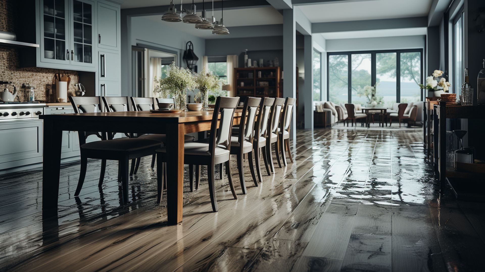 Salle à manger avec un dégât des eaux, dont le mobilier a les pieds dans l'eau