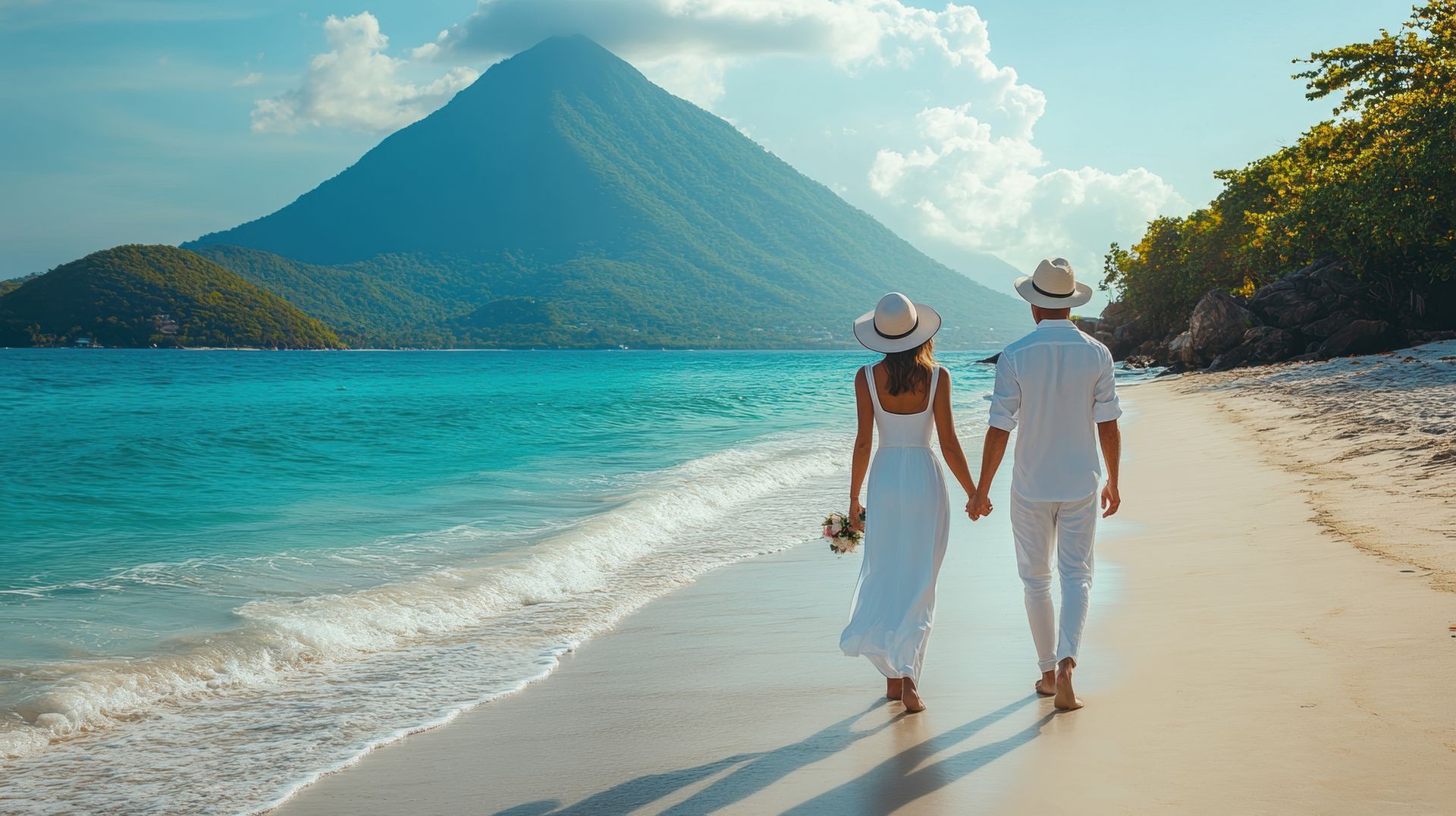Un couple se promenant main dans la main sur une plage tropicale ensoleillée, avec une eau turquoise et une montagne volcanique verdoyante.
