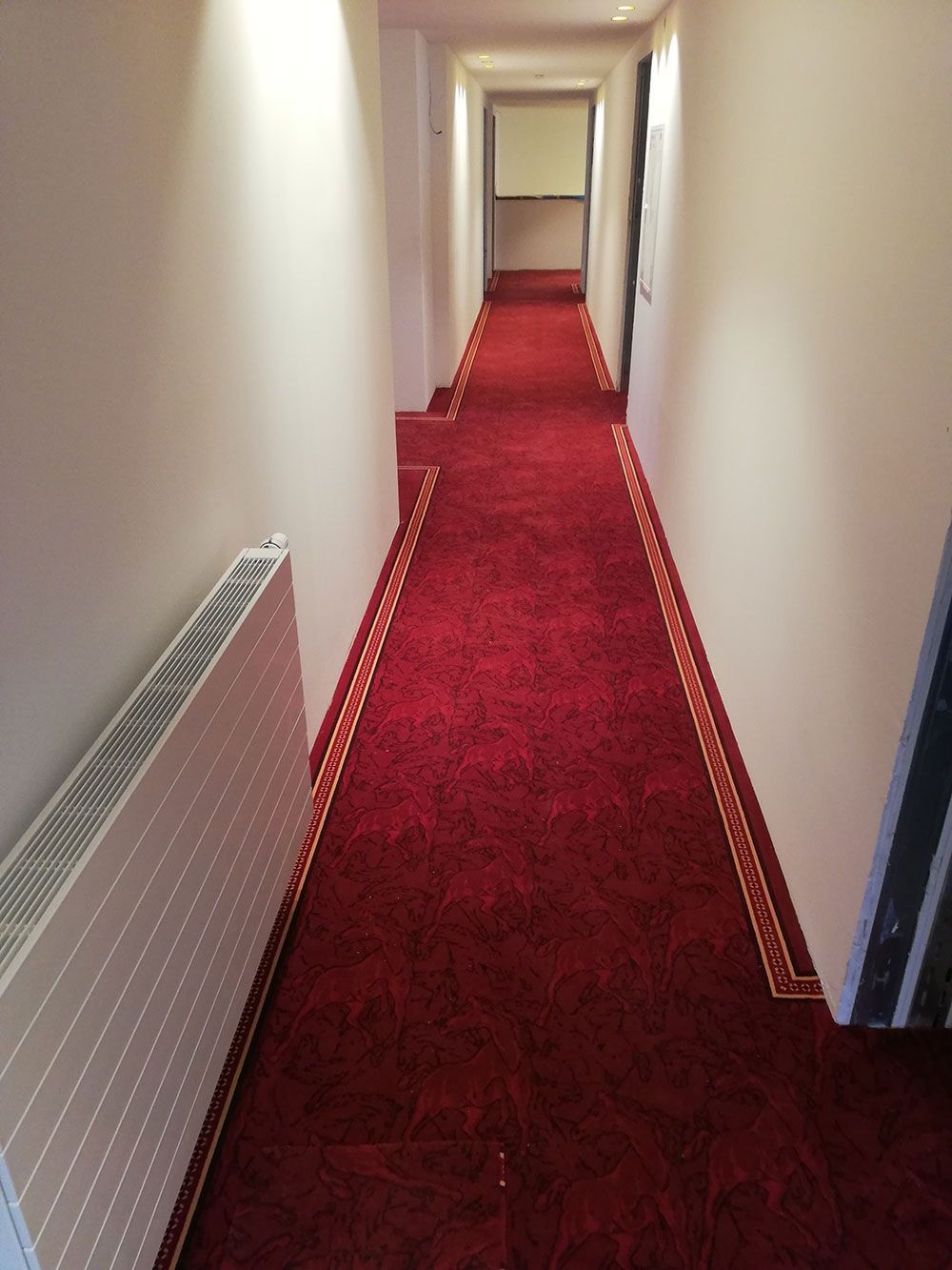 Ein langer Flur mit einem roten Teppich und einem weißen Heizkörper.
