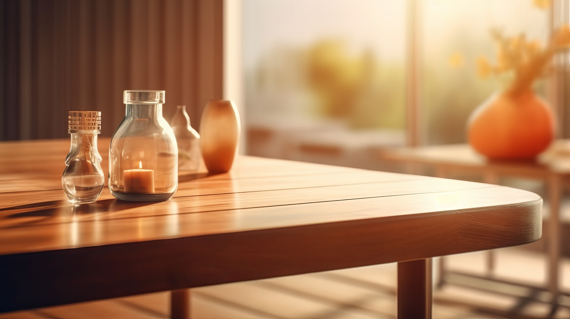 Una mesa de madera con velas y jarrones encima.
