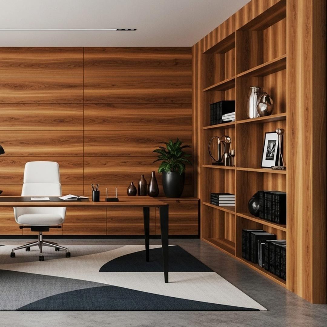 Oficina moderna con paredes revestidas de madera, silla blanca, escritorio de madera y estanterías empotradas.