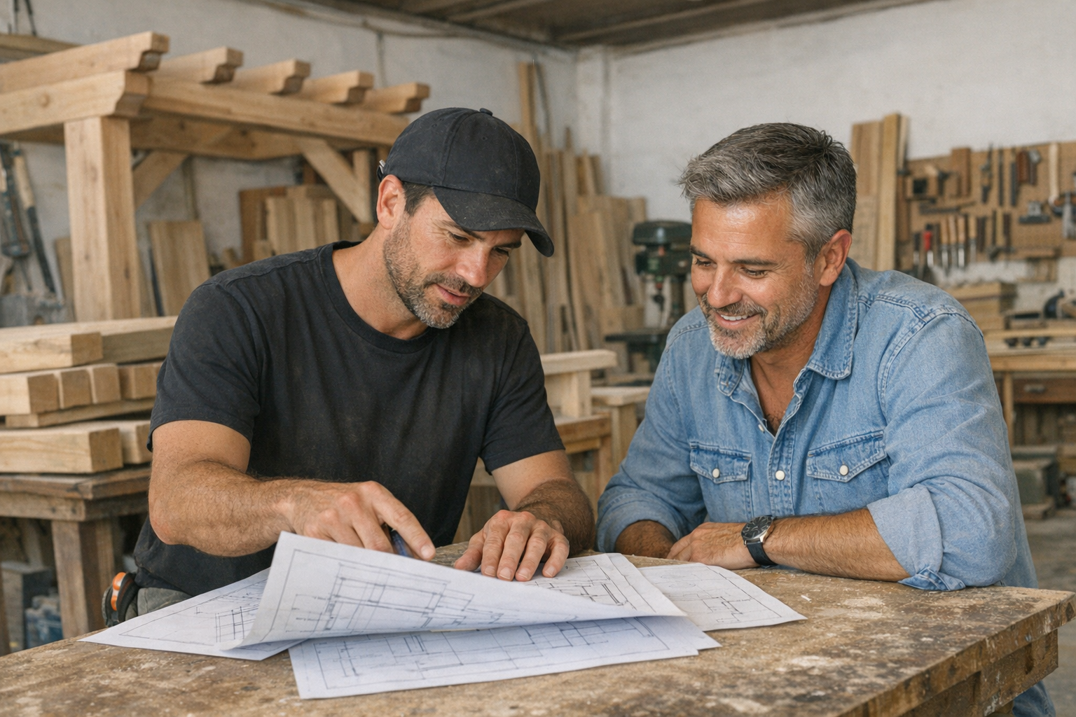Dos compañeros de trabajo revisando planos en un banco de trabajo en un taller de carpintería.