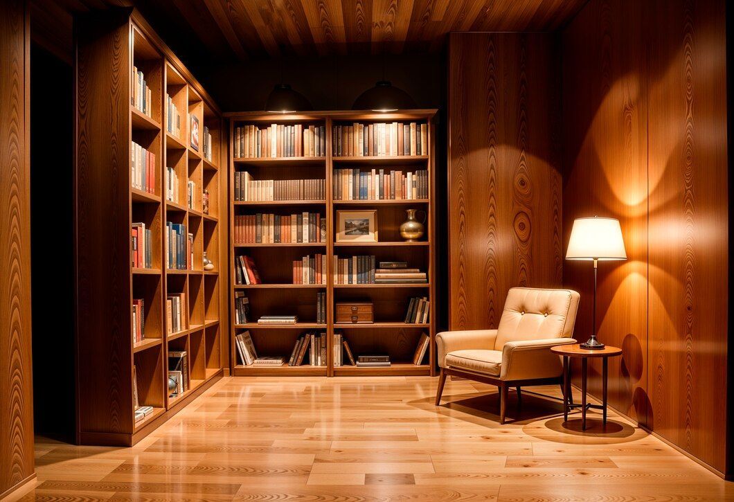Acogedora biblioteca de madera con estanterías, sillón y lámpara de pie con luz ámbar suave.