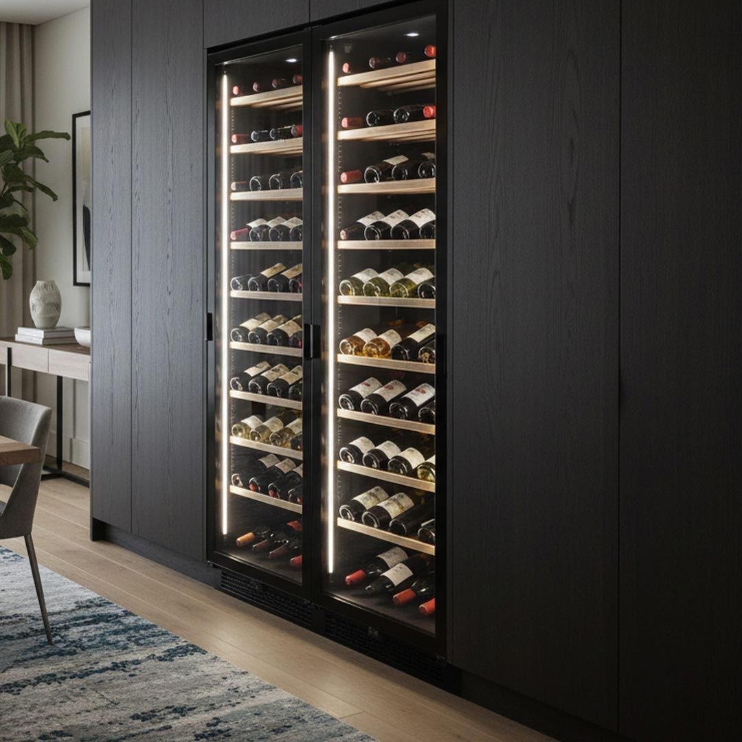 Nevera para vinos negra empotrada con puertas de cristal y estantes iluminados en una habitación moderna.