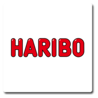 Ein rotes Haribo-Logo auf weißem Hintergrund