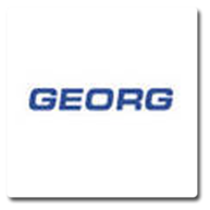 Ein blau-weißes Logo für Georg auf weißem Hintergrund.