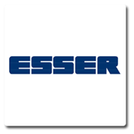Ein blau-weißes Logo von Esser auf weißem Hintergrund.