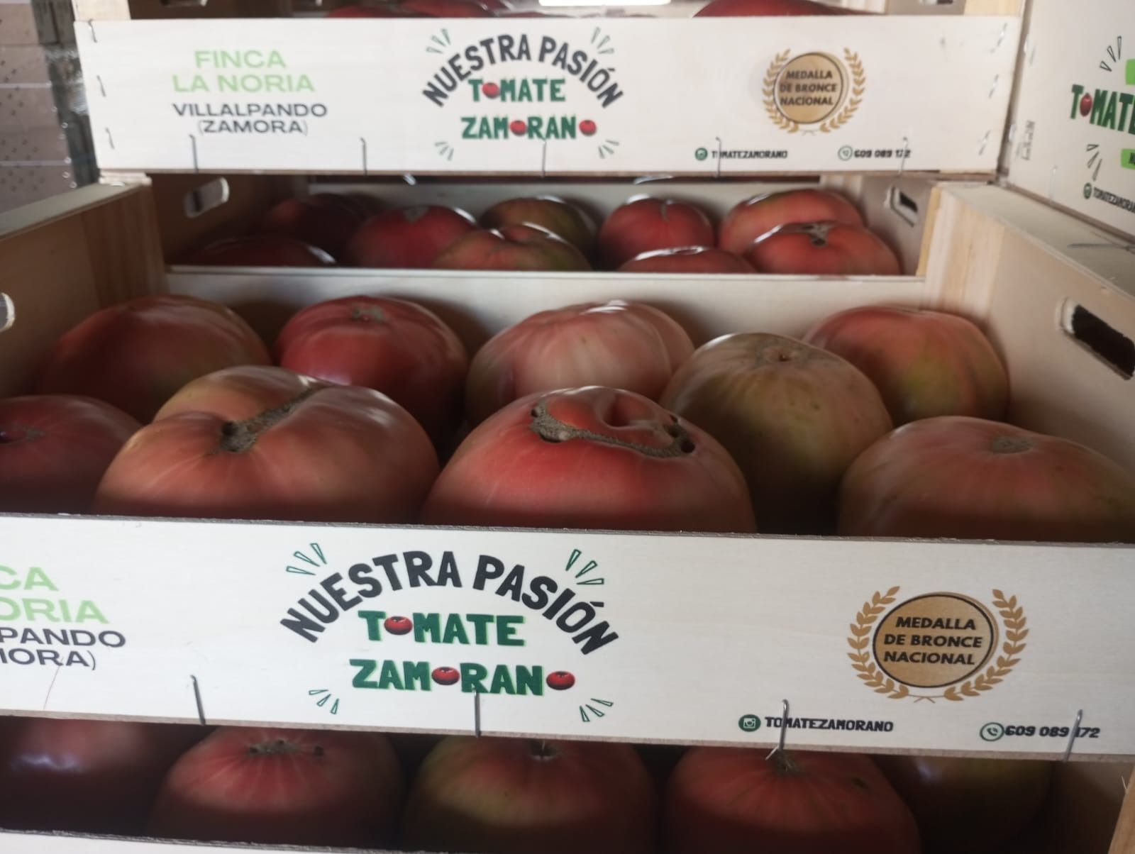Las cajas de tomates Nuestra Pasión se apilan una encima de otra.