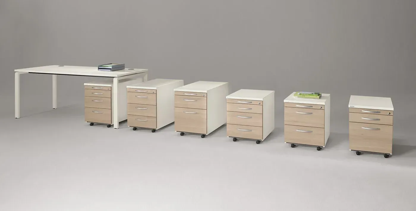 Neben einem Schreibtisch stehen mehrere Aktenschränke.