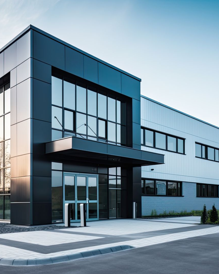 Bâtiment industriel moderne avec une entrée noire et vitrée et un revêtement métallique blanc.