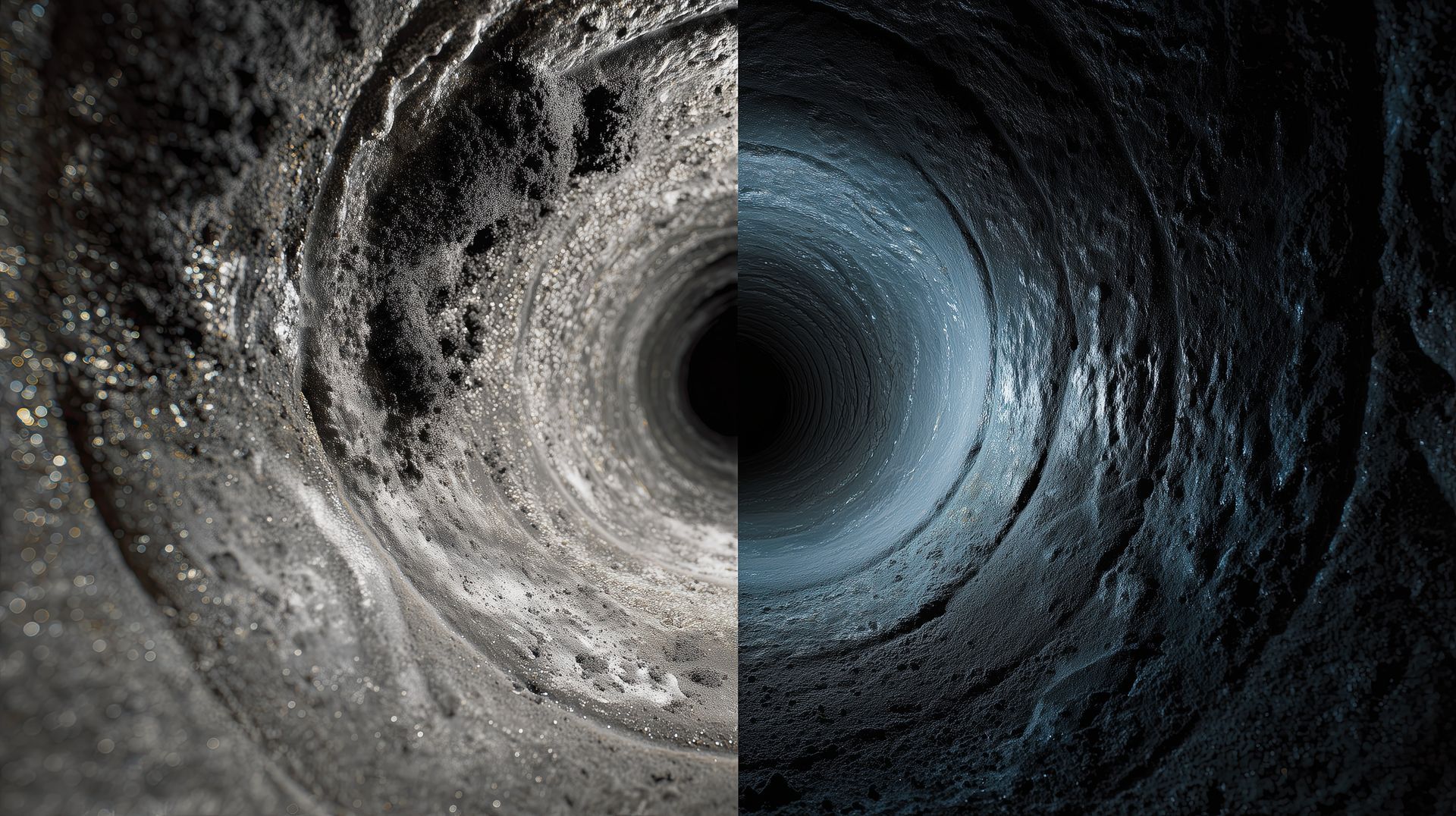 Intérieur d'une canalisation avant et après un curage