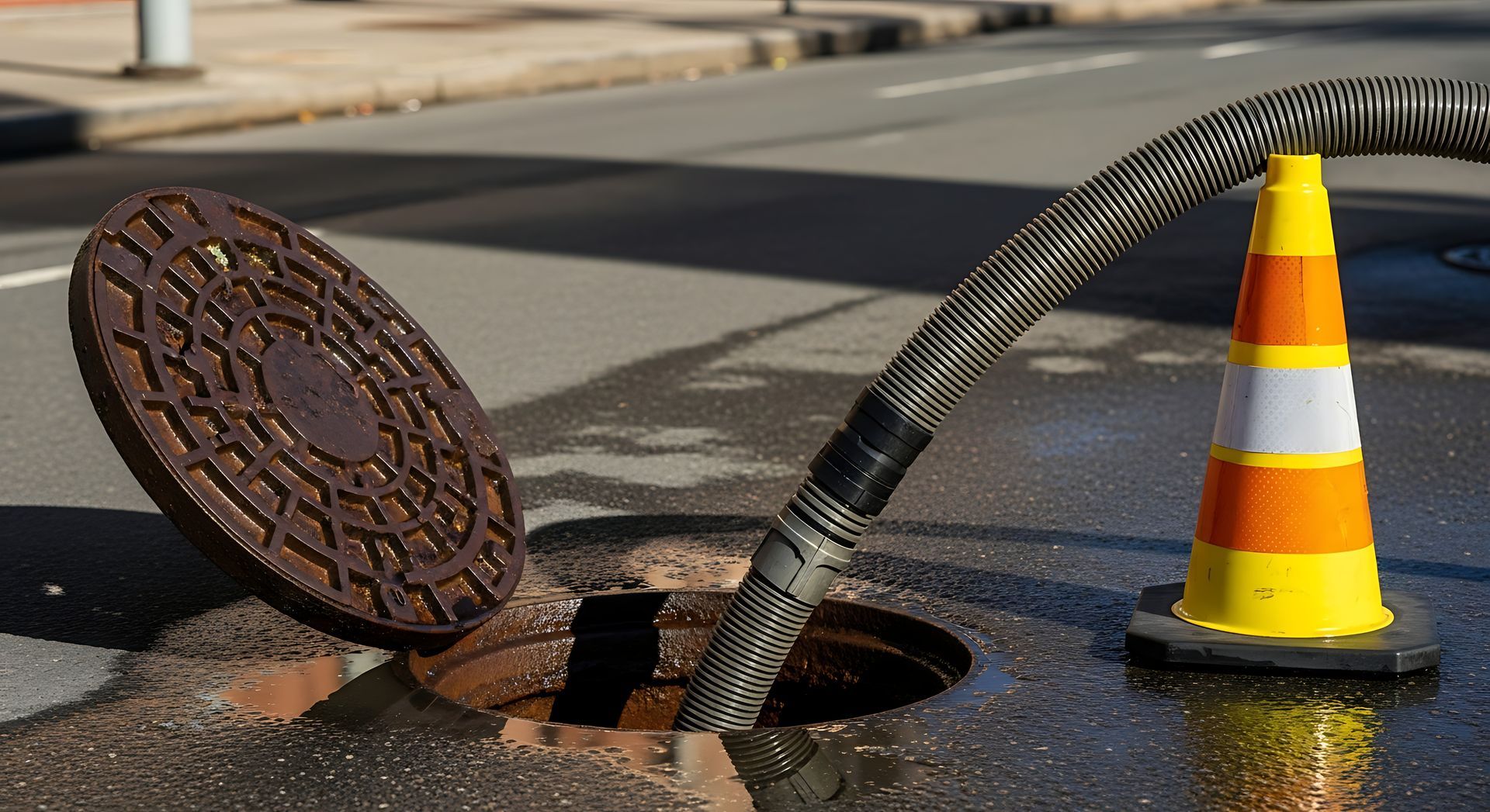 Un regard ouvert sur la route avec un tuyau dedans
