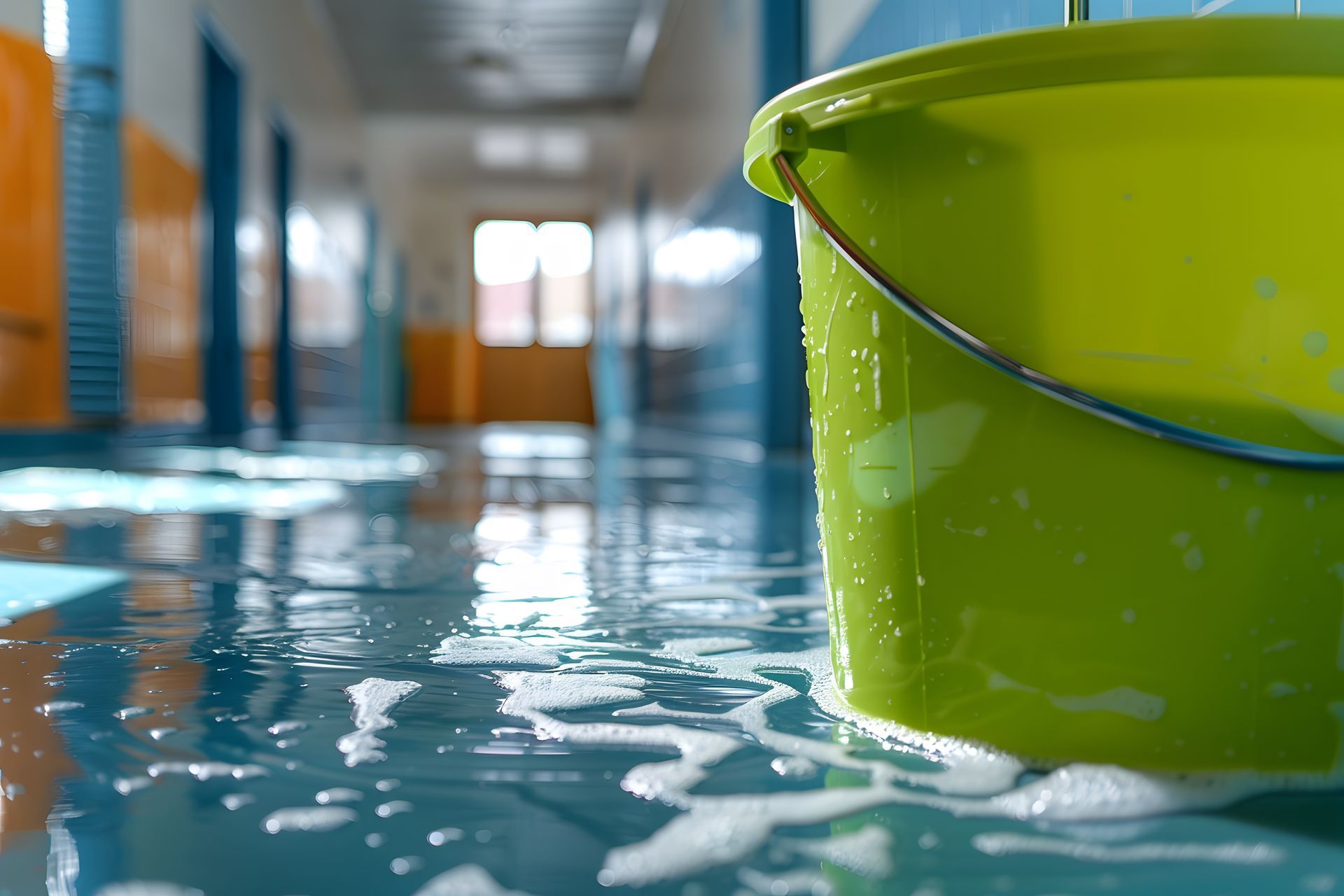 Nettoyage d'un couloir d'école après une inondation