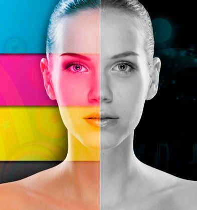 La mitad de la cara de una mujer se muestra en diferentes colores.