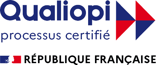 Logo de certification Qualiopi avec l’emblème de la République française et un symbole géométrique rouge et bleu