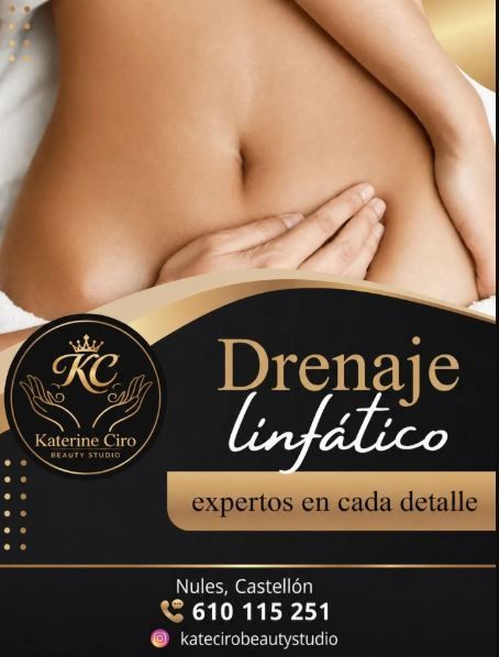 Anuncio de drenaje linfático con torso masajado y texto dorado sobre fondo negro.