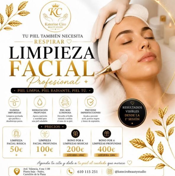 Limpieza facial profesional con diseño dorado y una mujer recibiendo tratamiento en el rostro.