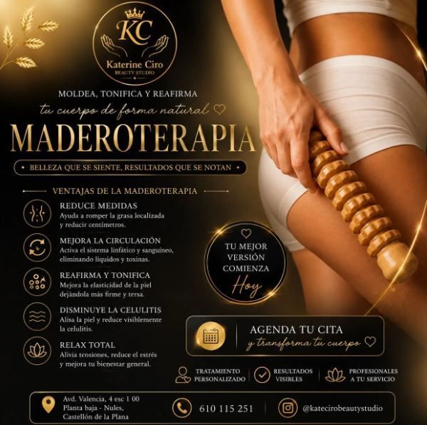Folleto de un spa de maderoterapia con texto dorado