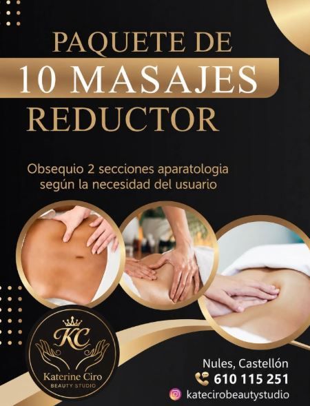 Paquete de 10 masajes reductores en tonos dorado y negro, con fotos de tratamientos corporales.