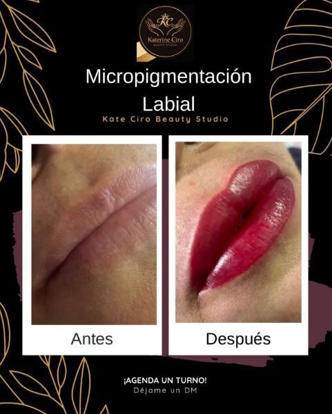 Antes y después de micropigmentación labial: labios naturales y labios rojos definidos.