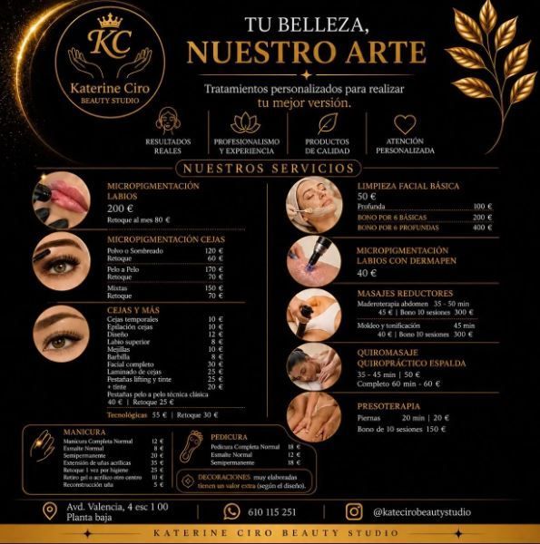Folleto publicitario de salón de belleza en color dorado