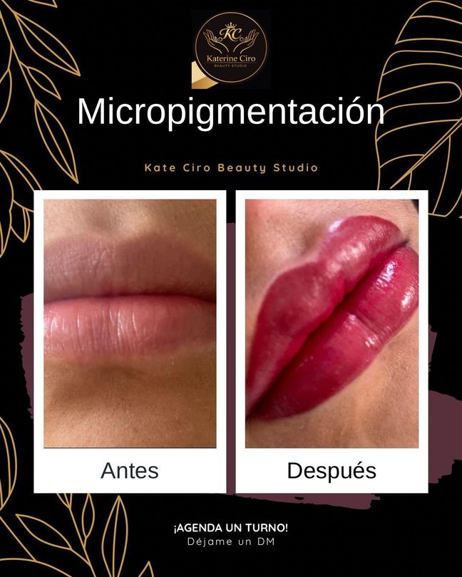 Antes y después de micropigmentación labial: labios naturales y labios rosados brillantes.