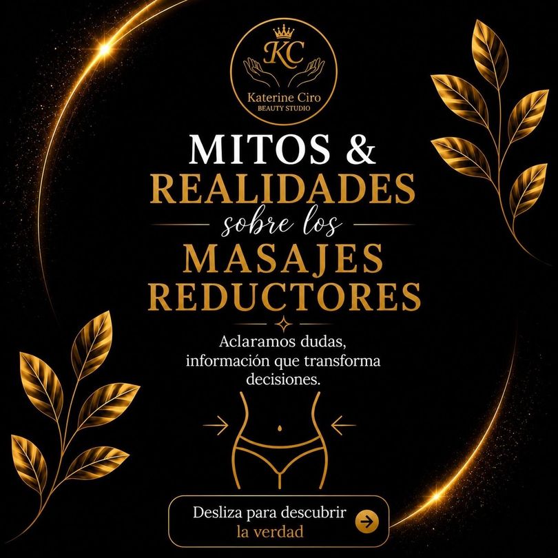 Cartel promocional español en negro y dorado para quemadores de grasa, con hojas y el titular “Mitos & realidades”.