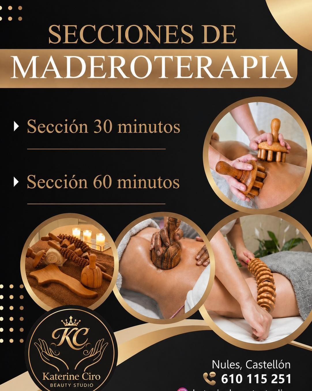 Secciones de maderoterapia con duraciones de 30 y 60 minutos, fondo negro y fotos de masaje con rodillos de madera