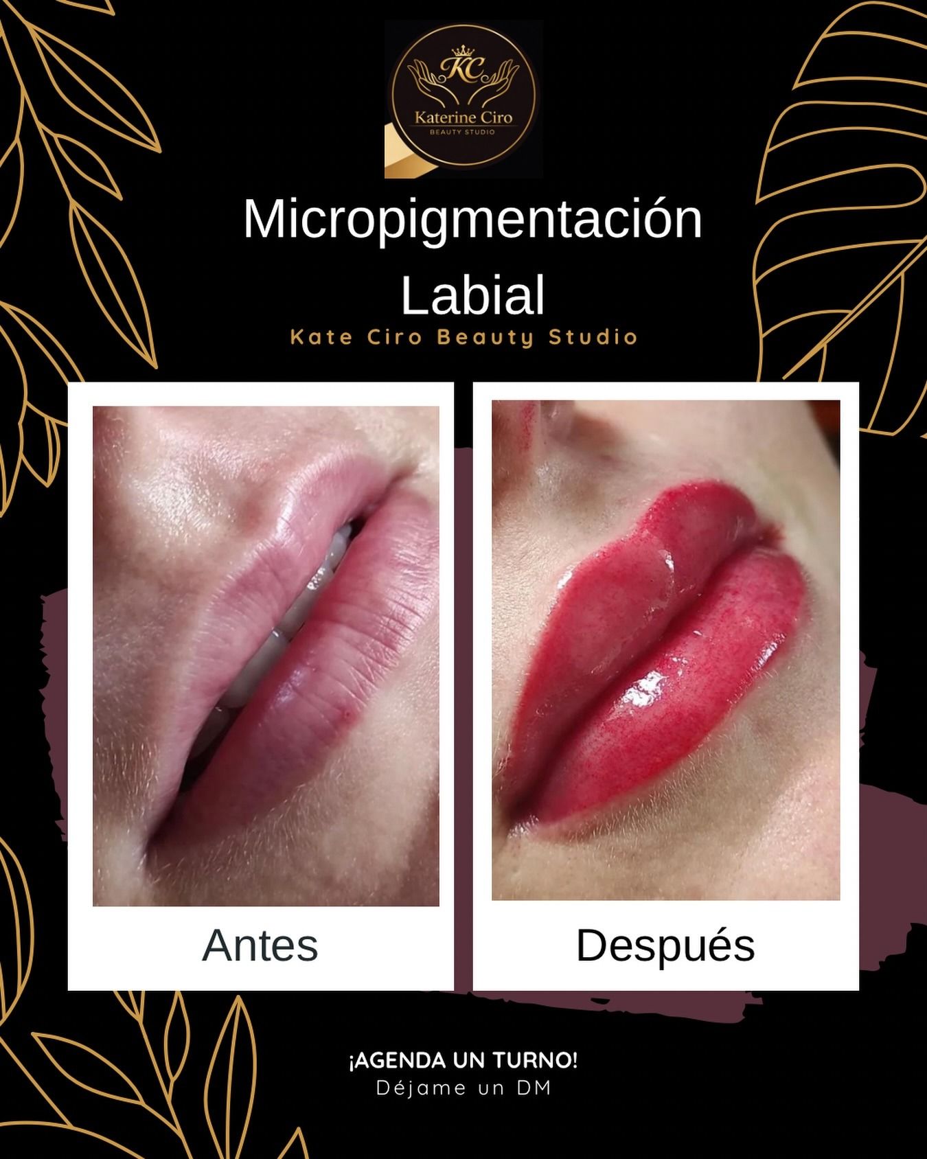 Micropigmentación labial: comparación de labios antes y después, de rosa pálido a rojo intenso.
