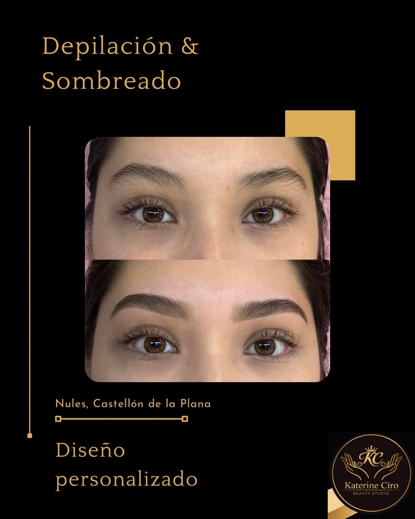 Antes y después de cejas: depilación y sombreado, con diseño personalizado sobre fondo negro.