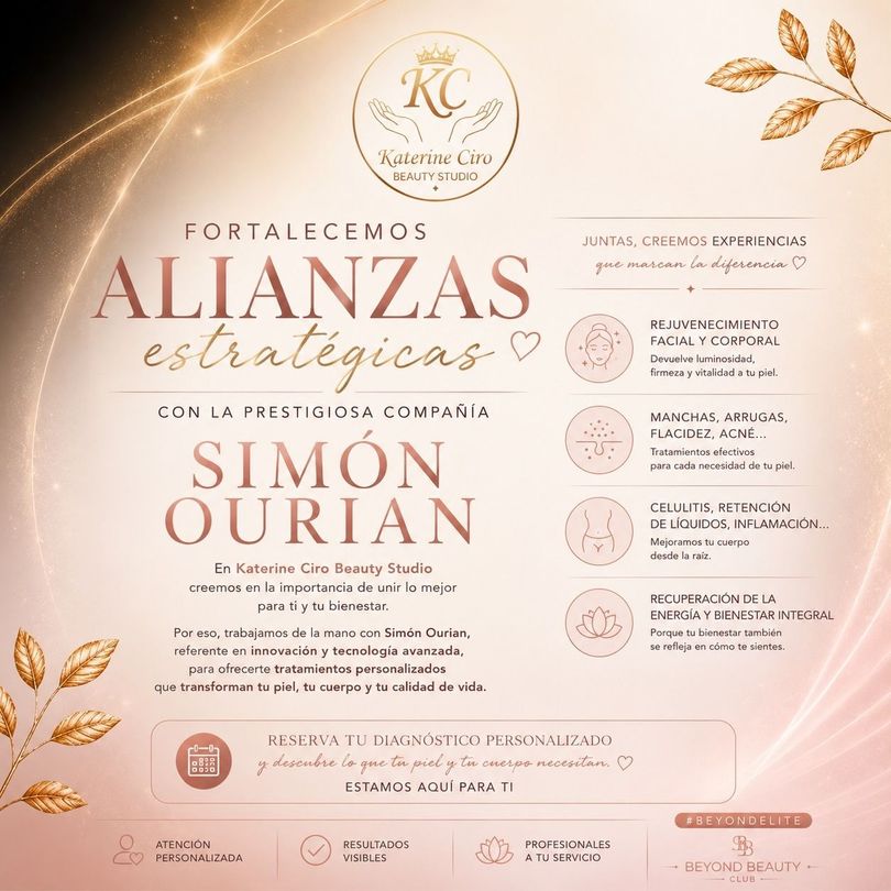 Elegant beige and gold event poster for “Alianzas estratégicas” featuring Simón Oruón and decorative leaves