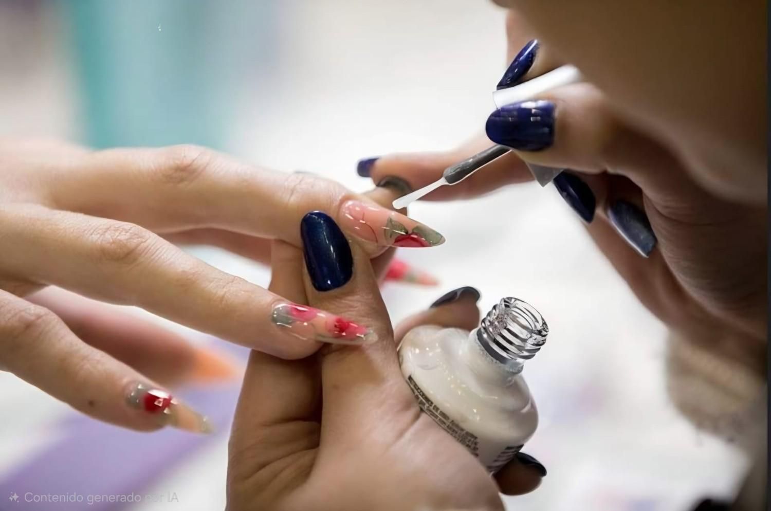 Manos pintándose las uñas con esmalte rojo y azul marino en una mesa de manicura.