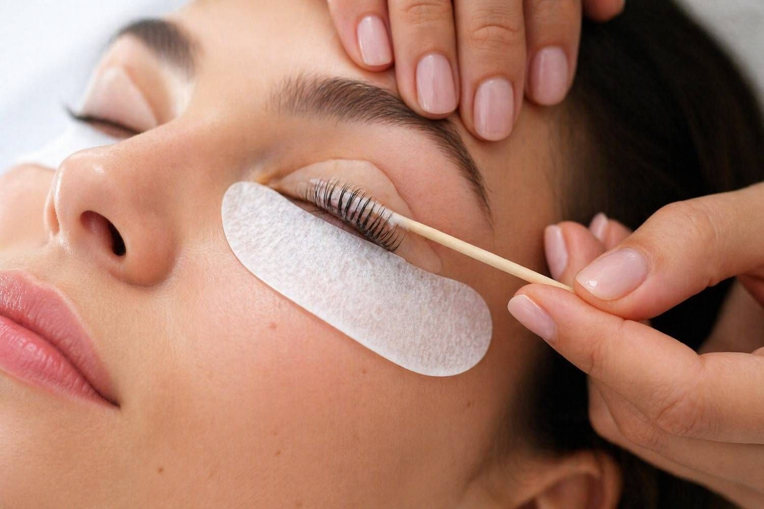 Técnica aplicando extensiones de pestañas en el ojo cerrado de una mujer con almohadillas protectoras debajo de los ojos.