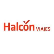 El logotipo de Halcon Viajes es rojo y blanco y tiene un pájaro en él.