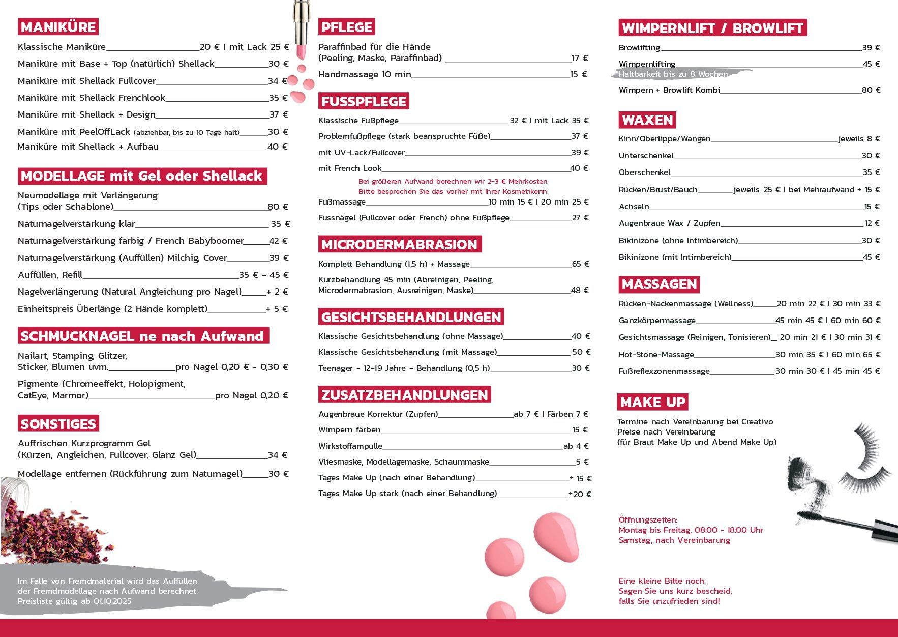 Kosmetikstudio Creativo Preisliste Kosmetikbehandlungen