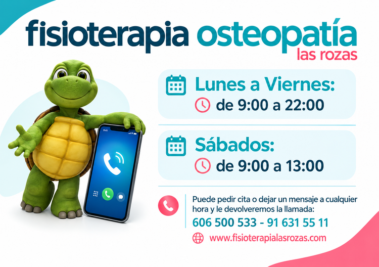 Una tortuga verde que sostiene un teléfono móvil anuncia servicios de fisioterapia y osteopatía en Las Rozas.