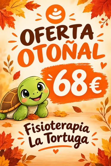 Una tortuga verde que sostiene un teléfono móvil anuncia servicios de fisioterapia y osteopatía en Las Rozas.