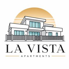 Logo di La Vista Apartments con l'illustrazione di una casa moderna e un'alba sullo sfondo.