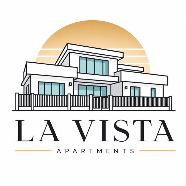Logo di La Vista Apartments con l'illustrazione di una casa moderna e un'alba sullo sfondo.