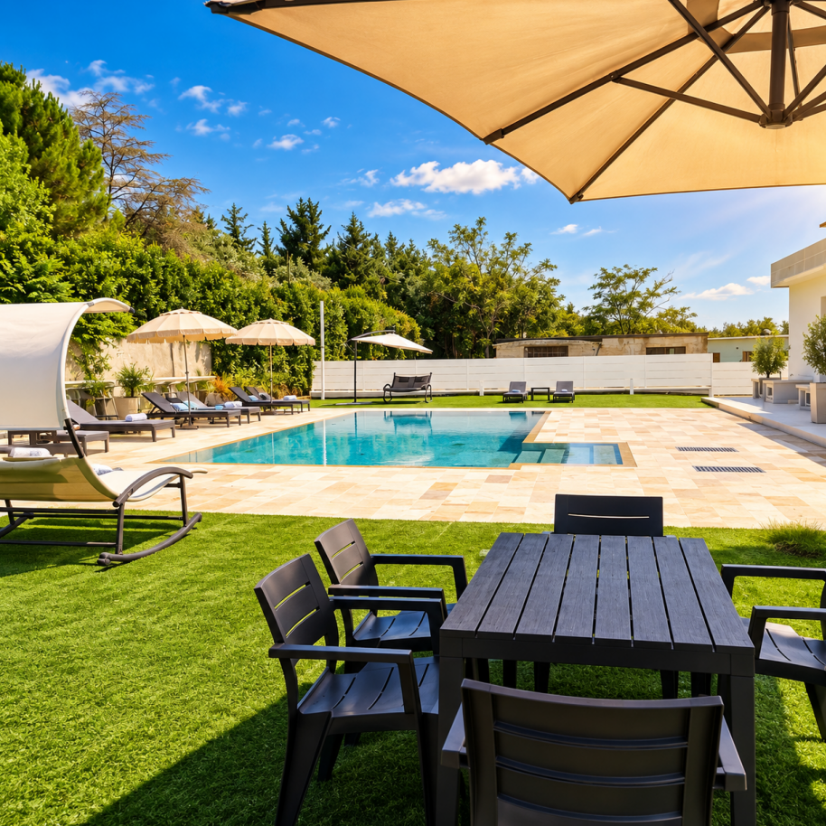 Luxury poolside patio with black table and chairs, umbrellas, lounge chairs, and a blue swimming pool in sunlight