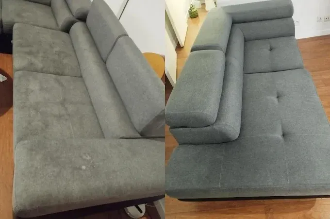 Canapé en tissu gris avant et après nettoyage