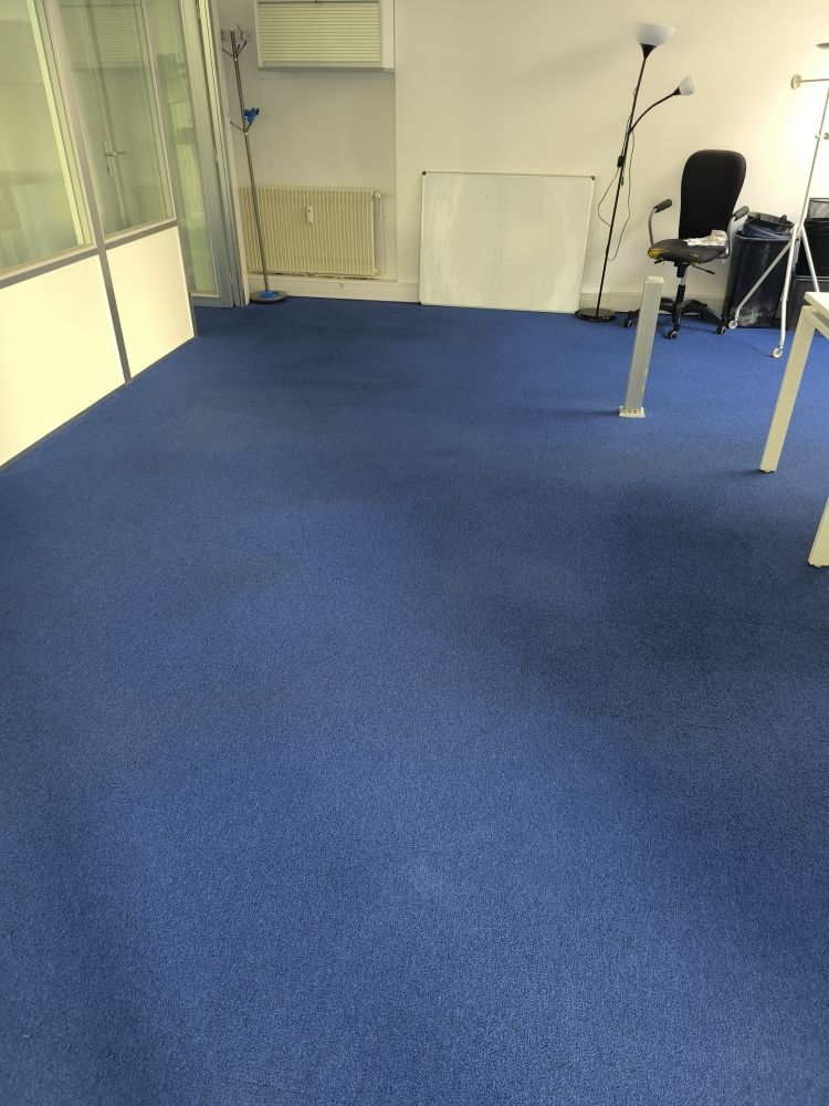 Moquette de bureau bleue avec mobilier