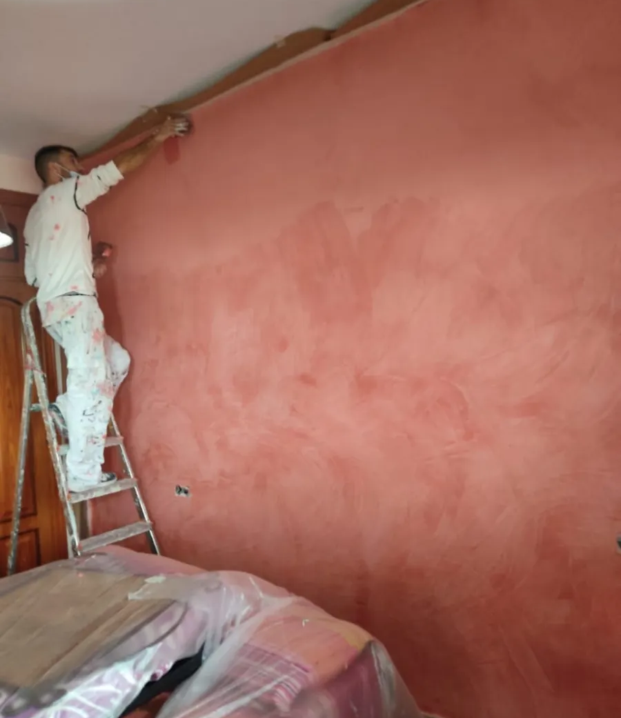 Unas enredaderas trepadoras se extienden por una pared de estuco rosa junto a una cama con una red blanca y una cortina.