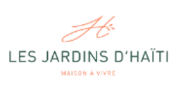 Logo des Jardins d'Haïti, avec une écriture orange et un texte gris-vert sur fond blanc.